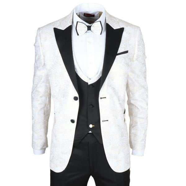 Infinity Leather Men's 4 Piece White Paisley Wedding Suit Tailor Fit