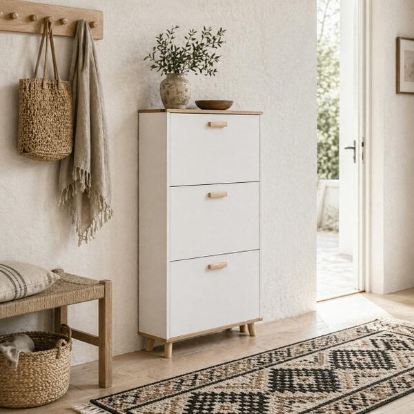 Wyld Haus Ellora Lera Wooden White and Natural Slim Shoe Cabinet With 3 Flip Drawers For 12 Pairs