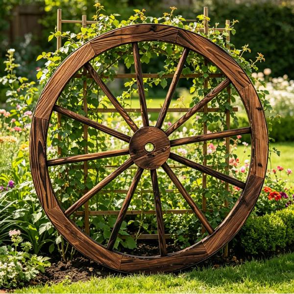 Gr8 Garden Large 90cm Wooden Wagon Wheel Rustic Garden Wall & Fence Decor