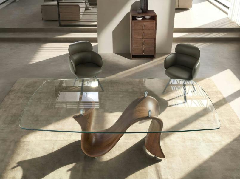 Angel Cerdá Barrel-shaped oval dining table in tempered glass and walnut 1197