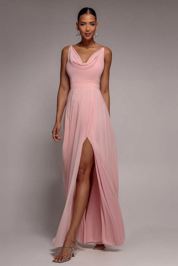 Chiffon Cowl Twisted Rope Strap Lace-up Flared Maxi Dress - Blush Pink DR4937