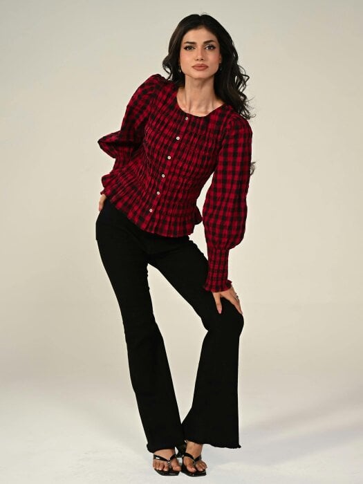 Rose & Nancy Mary Red Cotton Check Smocked Shirt