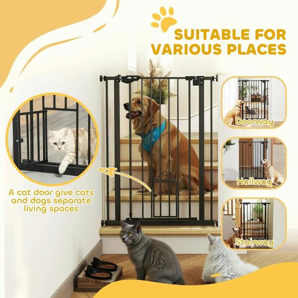 Black indoor pet gate shown in multiple areas, with cats and dogs behind bars