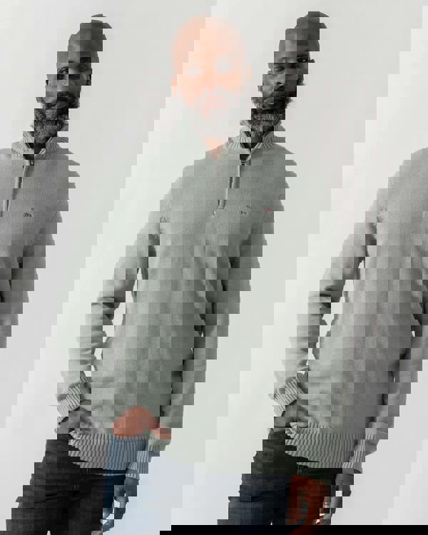 Model wearing GANT Mens Casual Cotton Half Zip Jumper in 10 Ceramic Grey - Main