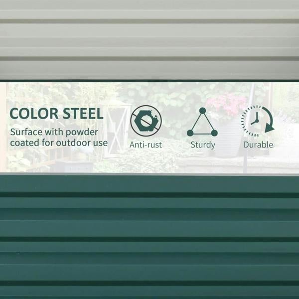 Green steel raised garden bed side panel with smooth surface and horizontal slats