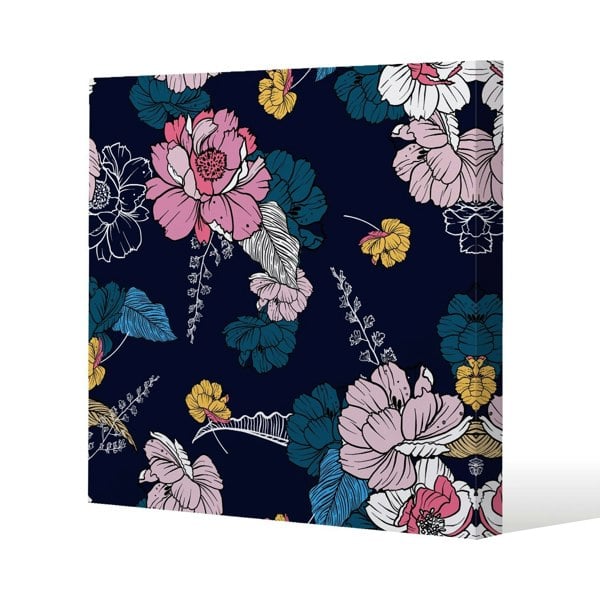 Benjamin Tate Design Pink Flowers on Navy Slim Style Canvas Print  60x60cm , 15mm Slim Real wood.