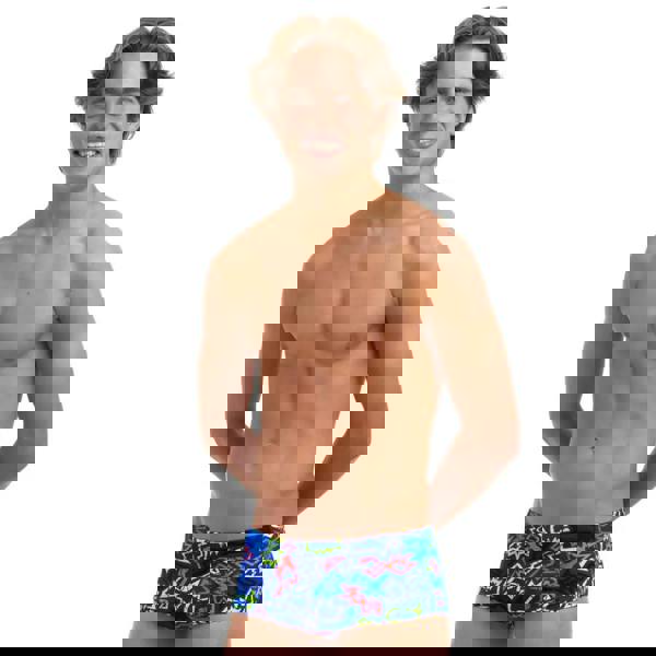 Funky Trunks Boys Broken Hearts blue swim trunks with vibrant patterns