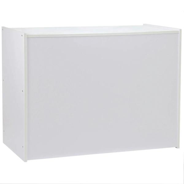 Brilliant white A1200 retail shop counter with a sleek, modern design, featuring smooth surfaces and sturdy construction for durability