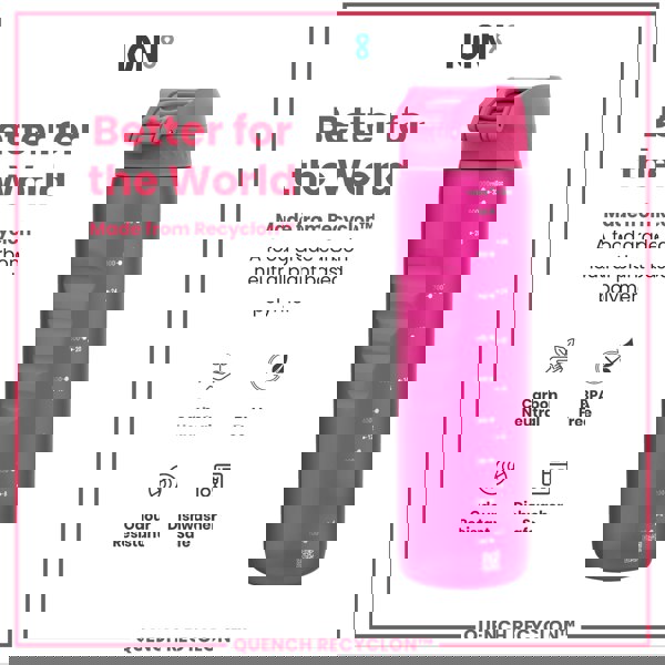 A pink water bottle sits against a white background; it is made from a plant-based polymer. The bottle shows volume markings in milliliters and ounces; "Better for the World," "Made from Recyclon™," "Carbon Neutral," "BPA Free," "Odour Resistant," and "Dishwasher Safe" are also displayed.