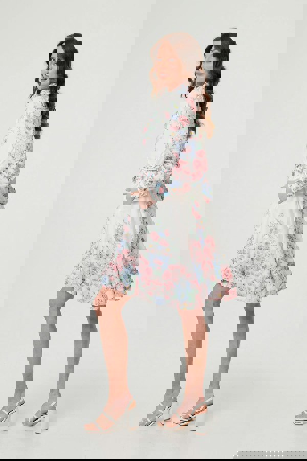 White | Floral Border Print Short Skater Dress