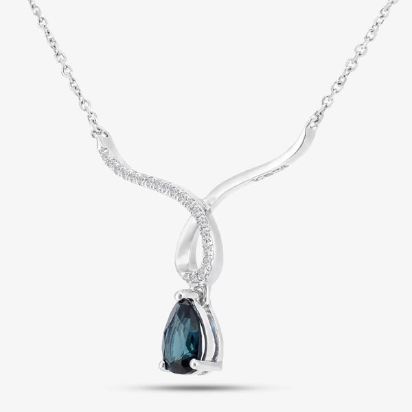 T. H. Baker 9ct White Gold Pear Shaped Sapphire & Diamond Set Wishbone Necklace DP1614WSA
