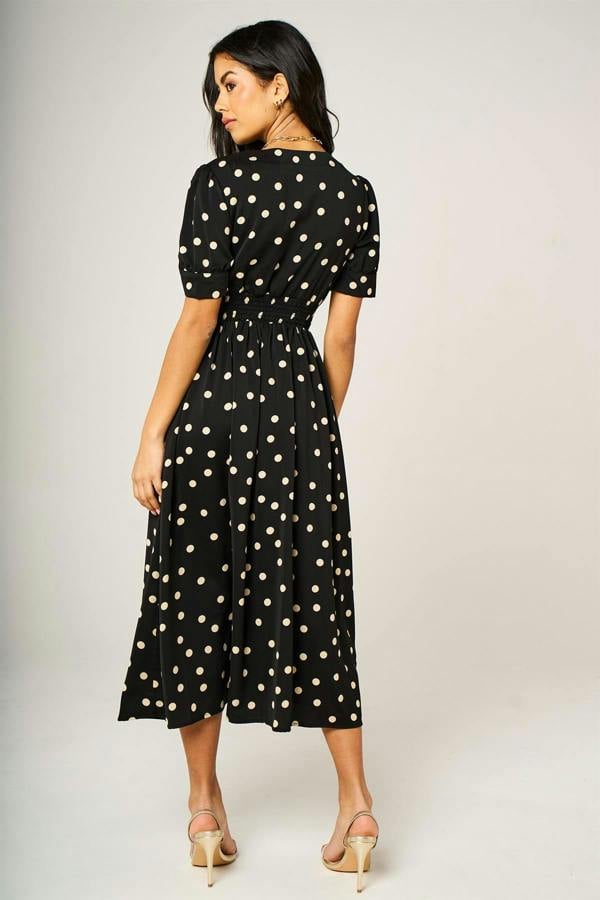 FS Collection Dot Print Button Front Midi Dress In Black With Puff Sleeves