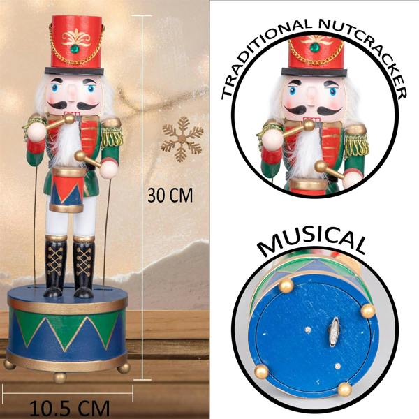 30cm Wooden Musical Nutcracker Soldier Christmas Ornament, Hand Painted Festive Table and Tree Decoration image 5