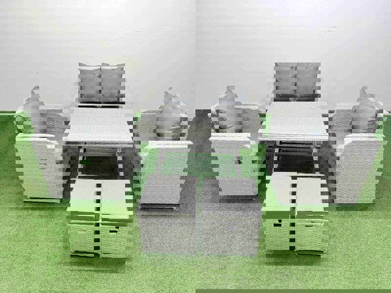 Fimous Light Grey PE Wicker Rattan Garden Furniture Set Sofa Set Reclining Chair Love Sofa Rectangular Dining Table 2 Small Stools