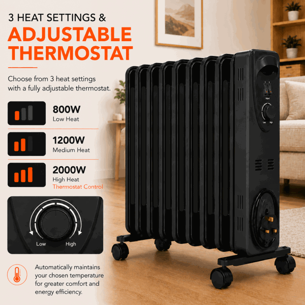 MYLEK Oil Filled Radiator 2000W Portable Heater Thermostat 3 Heat Settings Grey