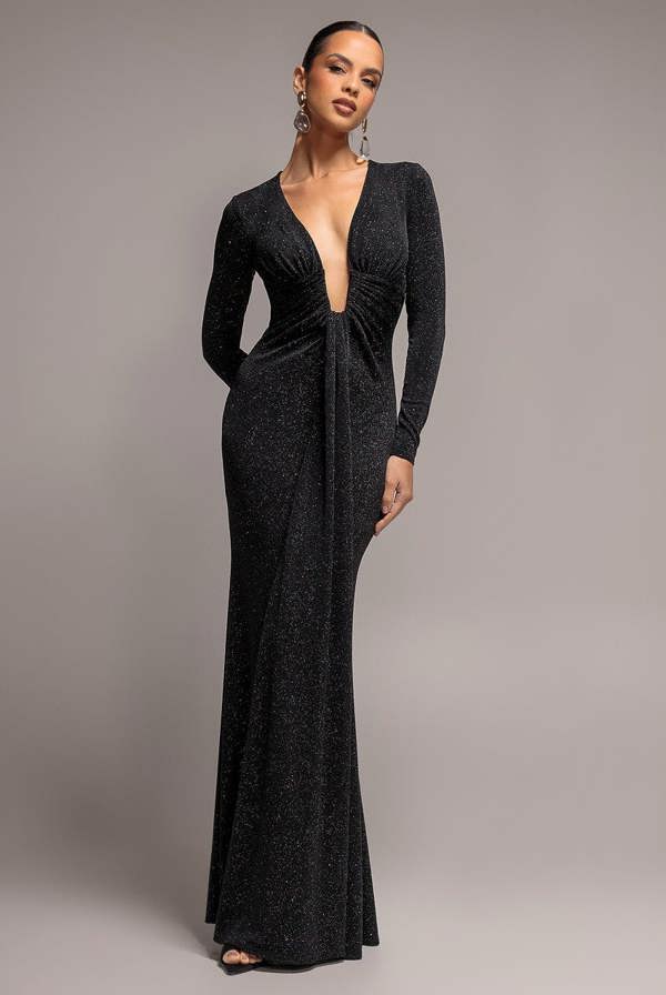 Plunge Neck Long Sleeve Front Draped Lurex Maxi Dress - Black DR5231