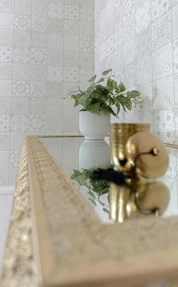 Downton Interiors Light Gold Embossed Metal Mirrored Glass Coffee Table - Agadir Range