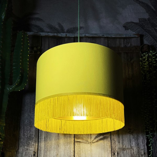 Love Frankie banana cotton lampshade gold lining and fringing light on