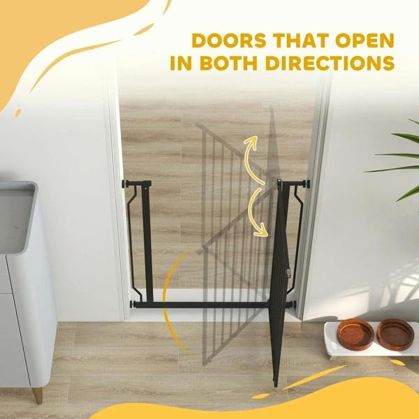 Black dog gate design shown opening both directions with pressure-mounted frame
