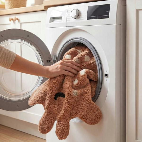 Person taking a brown teddy bear out of a washing machine.