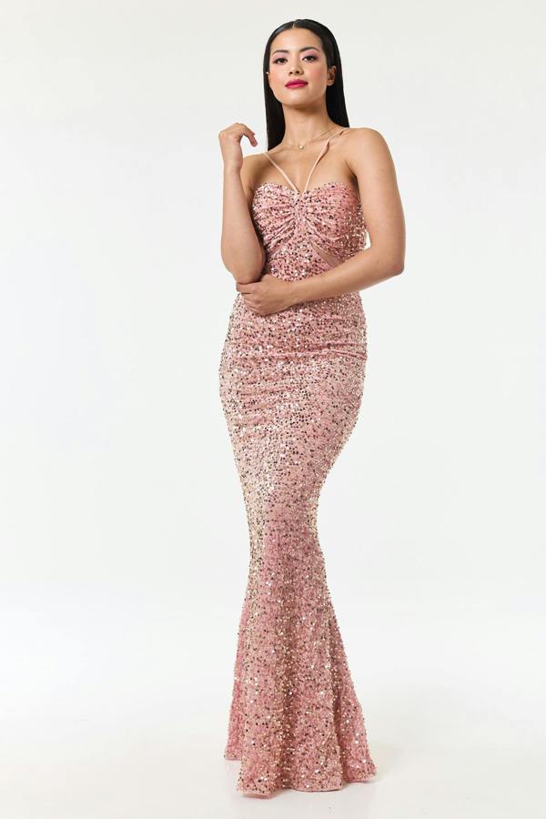 LuvForever Rose Pink Bandeau Sequin Maxi Dress