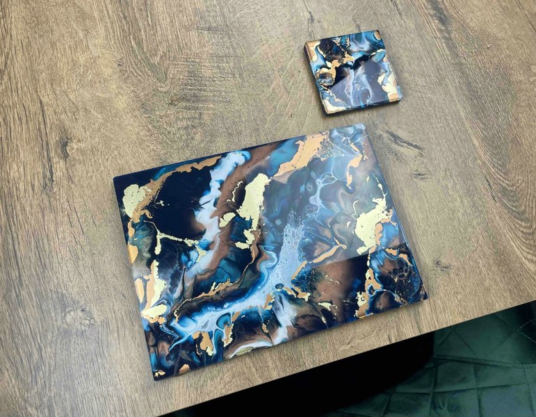 Kate Chesters Art Blue Gold Bronze Resin Art Placemats and Coasters Set - Heat Tolerant