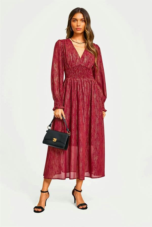 FS Collection Gold Stripe Foil Long Sleeve Maxi Dress In Wine