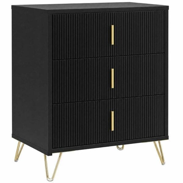 Modern 3-Drawer Dresser, Fluted Bedroom Dresser Chest of Drawers with Metal Legs and Steel Handles for Bedroom, Black