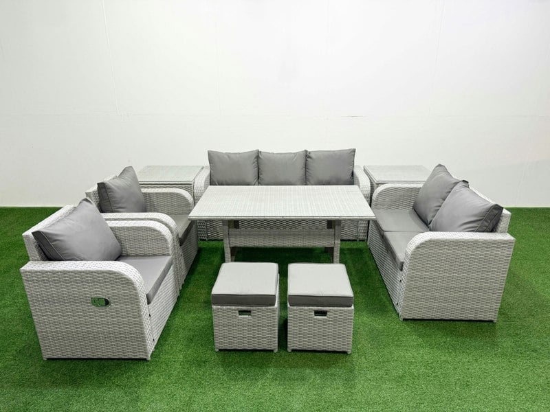 Fimous Light Grey PE Rattan Outdoor Lounge Set - Reclining Chair, Double Loveseat, Rectangular Dining Table, 2 Stools & 2 Side Tables
