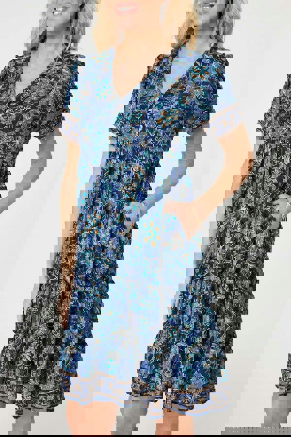 Teal | Paisley Border Print V-Neck Short Dress