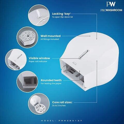 ProWashroom Pro Washroom Toilet Roll Dispenser Wall-Mounted, Lockable, ABS White Silk Finish