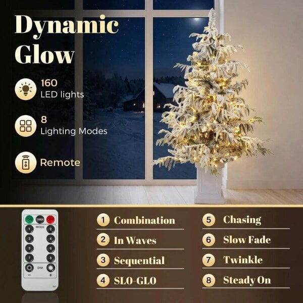 Bobobiy 4ft Prelit Flocked Christmas Tree, Artificial Snow Flocked Spruce with 160 Warm White LED Lights, 8 Modes, Green