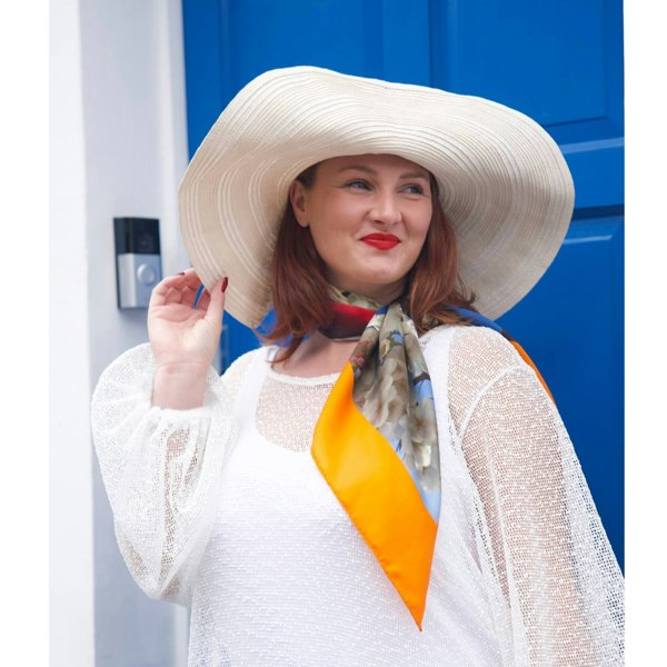 Silk scarf with Orange Bird of Paradise and White-Blue Cherry Blossom print, styled around model's neck over a white Plus Size Aphrodite White Holiday Dress.