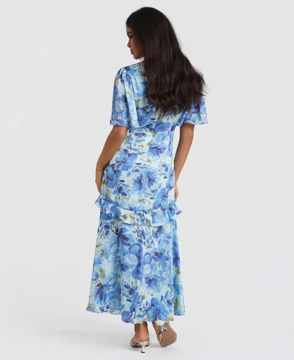 Ruffle Blue Floral Midi Dress back