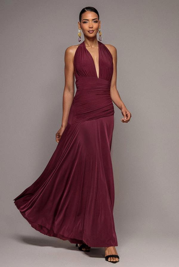 Halter Neck Empire Waist Gathered Maxi Dress - Burgundy DR5259
