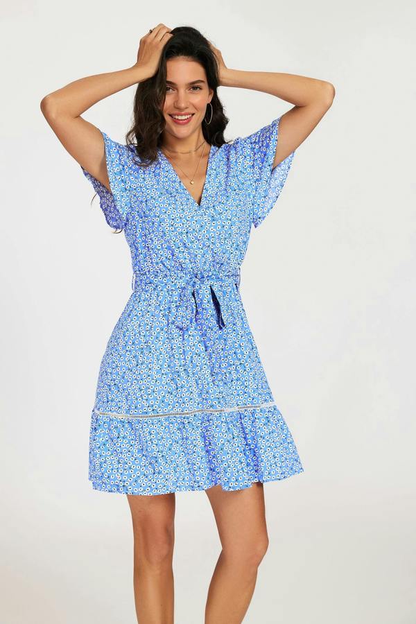 FS Collection Wrap Top Floral Print Hem Mini Dress In Blue