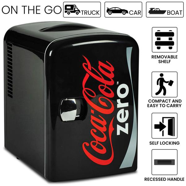 Coca-Cola Coke Zero 4L Mini Fridge 6 Can Black Cooler & Warmer for Bedroom, Gaming Room or Office (12V)