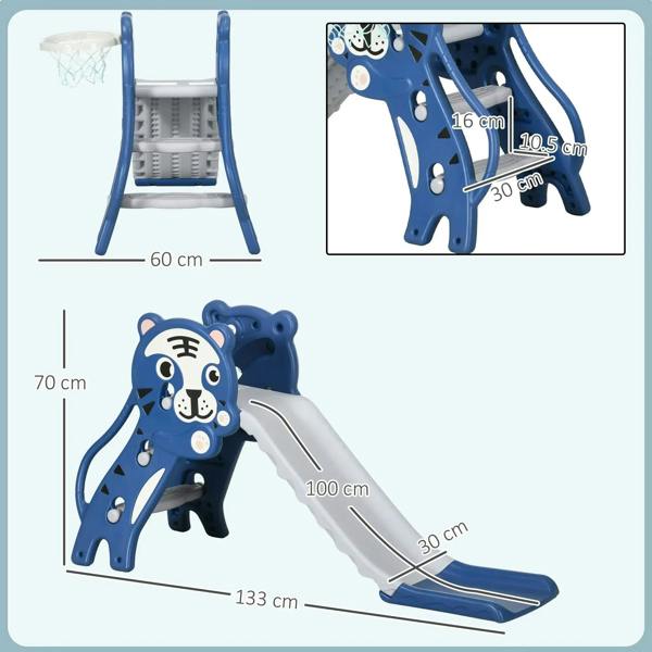 Blue bear-themed slide and climber with basketball hoop and arched ramp