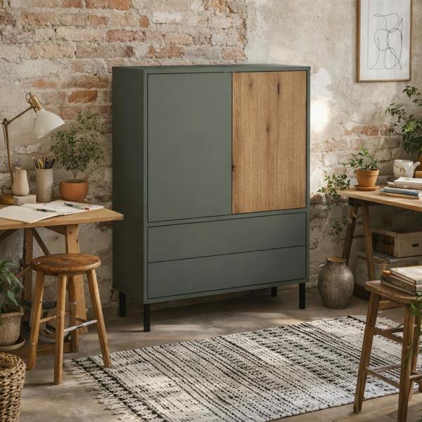 Wyld Haus Malmo Olive Green and Natural Oak Wood Sideboard 2 Door 2 Drawer