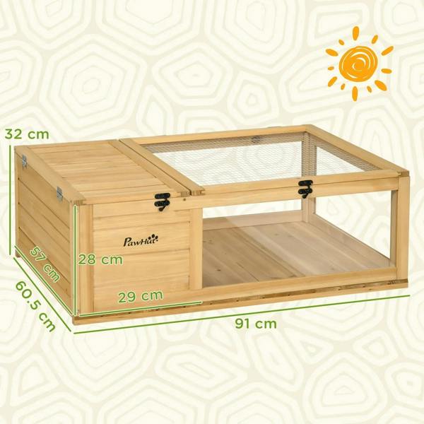 Measured view of small wooden reptile enclosure with mesh roof panels and side hatch.