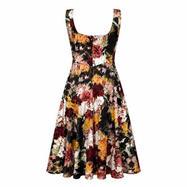 The Sarvin Golha Floral Corset Dress is a sleeveless, knee-length skater dress with a fitted bodice and flared skirt, showcasing a red, yellow, white, and green floral print on black premium jersey.