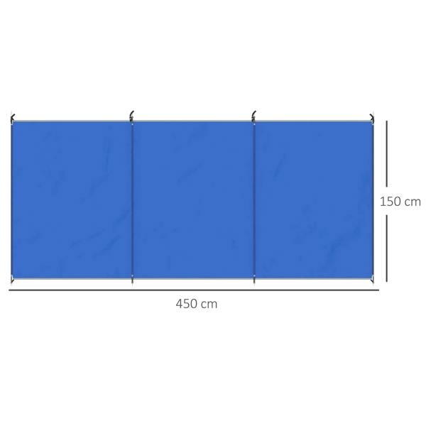 Blue windbreak wall measuring 450 cm by 150 cm with steel poles
