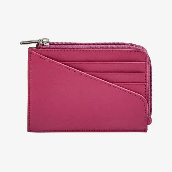 Pink real leather zip card holder with five card slots