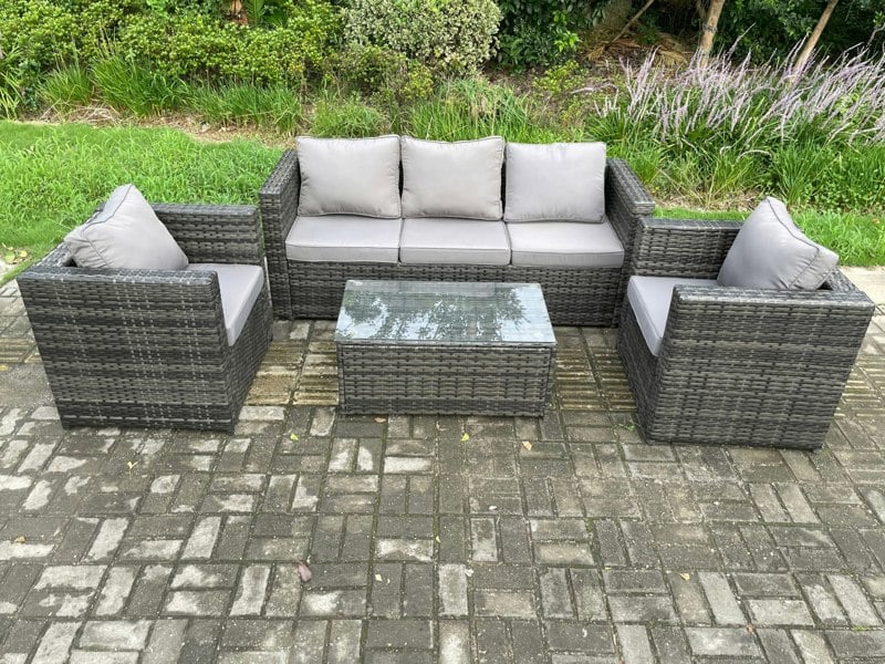 Fimous 5 Seater Outdoor Lounge Sofa Set Wicker PE Rattan Garden Furniture Set with 2 Armchair Oblong Coffee Table Dark Grey Mixed