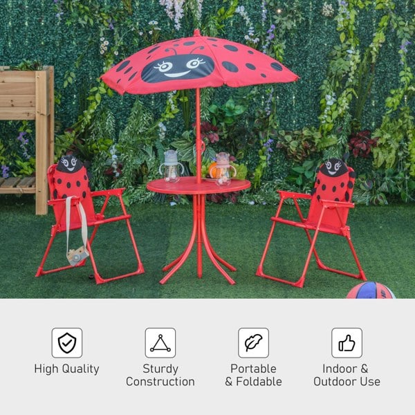 Outsunny Kids Folding Picnic Table Chair Set Ladybug Pattern Outdoor w/ Parasol