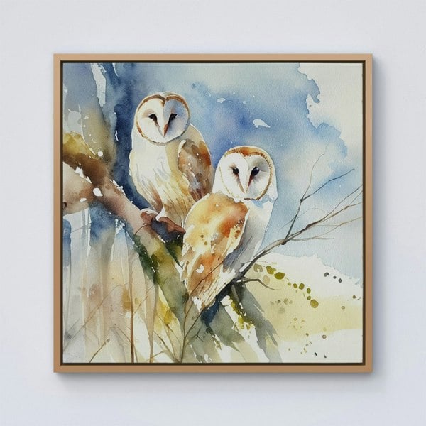 Warren Reed Barn Owls Watercolour Framed Canvas