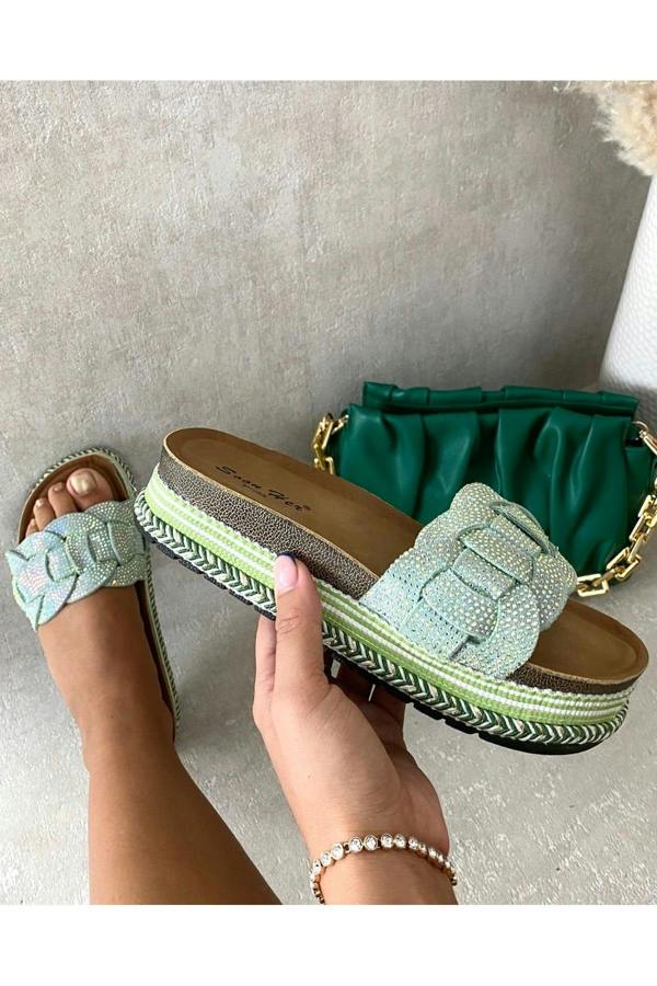 Erin Open Toe Embellished Strap Slide Platform Sandals - Green