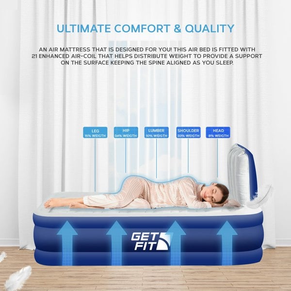 Get Fit Blow Up Air Bed With Built In Electric Pump - Headboard & Free Inflatable Pillow