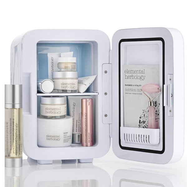 Subcold Ultra 6 litre skincare fridge interior with makeup, beauty, cosmetics and skincare products inside