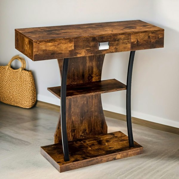 Rafaelo Mobilia Industrial Console Table T-Shaped Rustic Brown